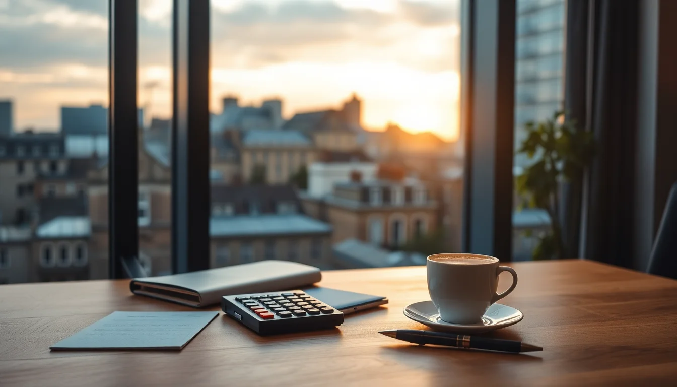 A calculator, pen and tea cup on an oak desk by a window over London rooftops, for National Insurance for Americans in the UK
