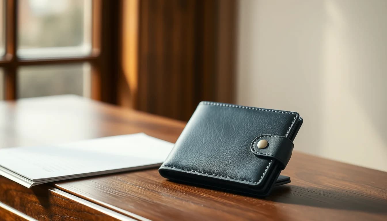 A navy leather wallet on a walnut desk by a London sash window, illustrating the non-dom changes for Americans in the UK after the end of the remittance basis
