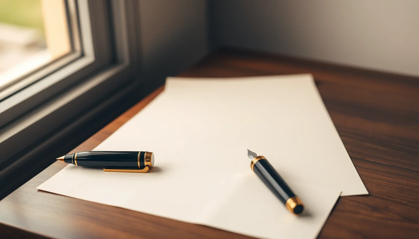 A navy fountain pen and a blank cream sheet on a walnut desk by a window, representing the signed IRS non-willful certification on Form 14653