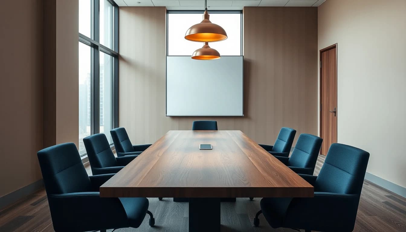 Empty meeting room with one long walnut table, navy chairs and copper lamps, illustrating one firm for US and UK tax returns