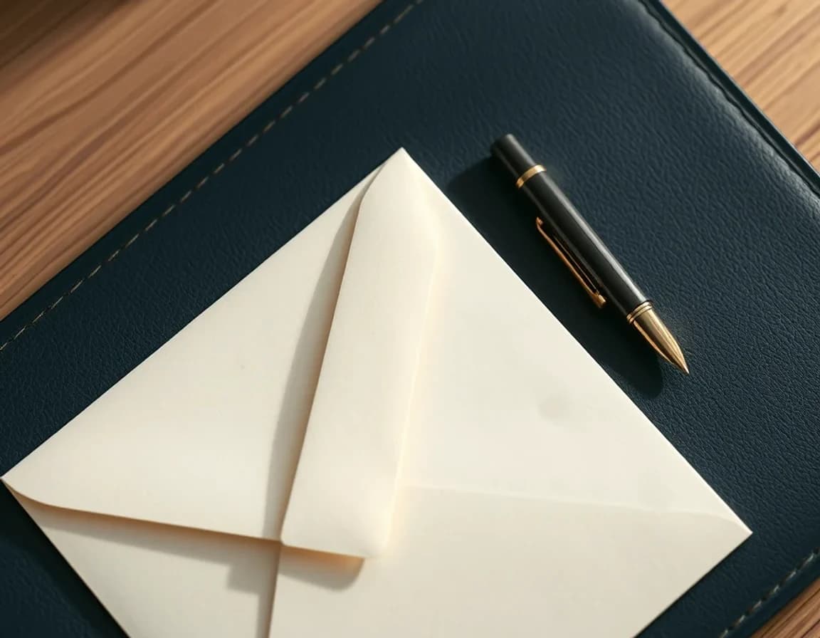 A cream envelope and a pen on a navy desk pad, for a guide to the paper Self Assessment deadline of 31 October
