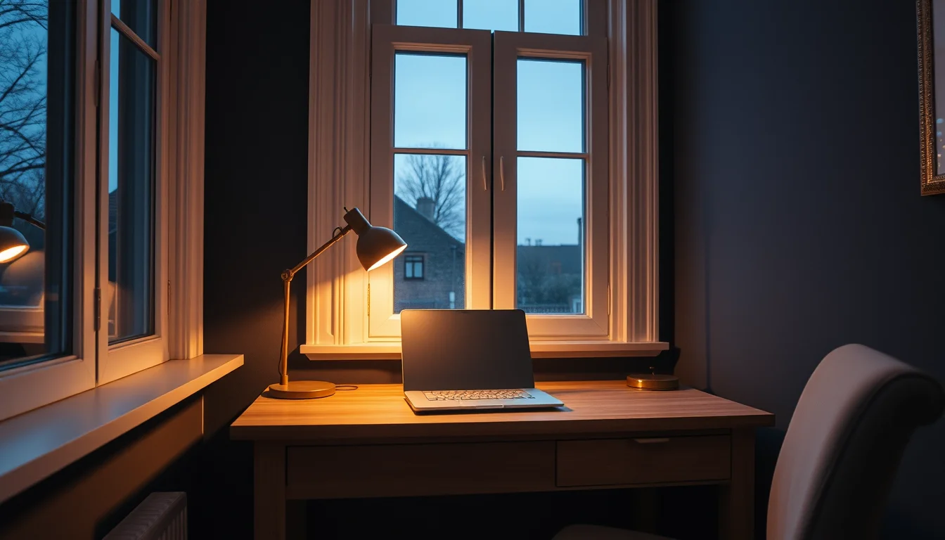 Laptop and lamp on a desk by a window at dusk: a remote employee's home office that can be a permanent establishment