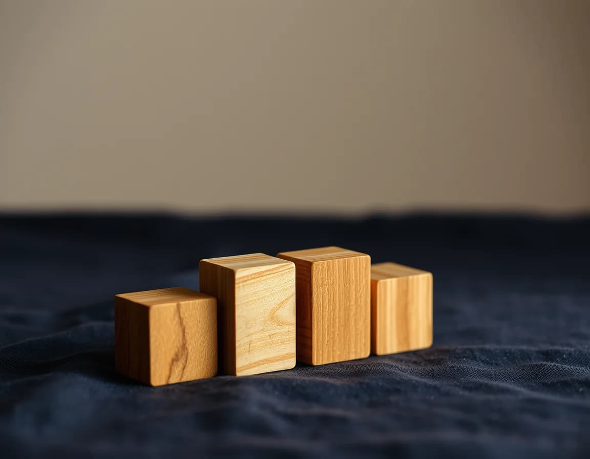 Four wooden blocks of different heights in a row on dark cloth, like the yearly slices in a PFIC tax calculation