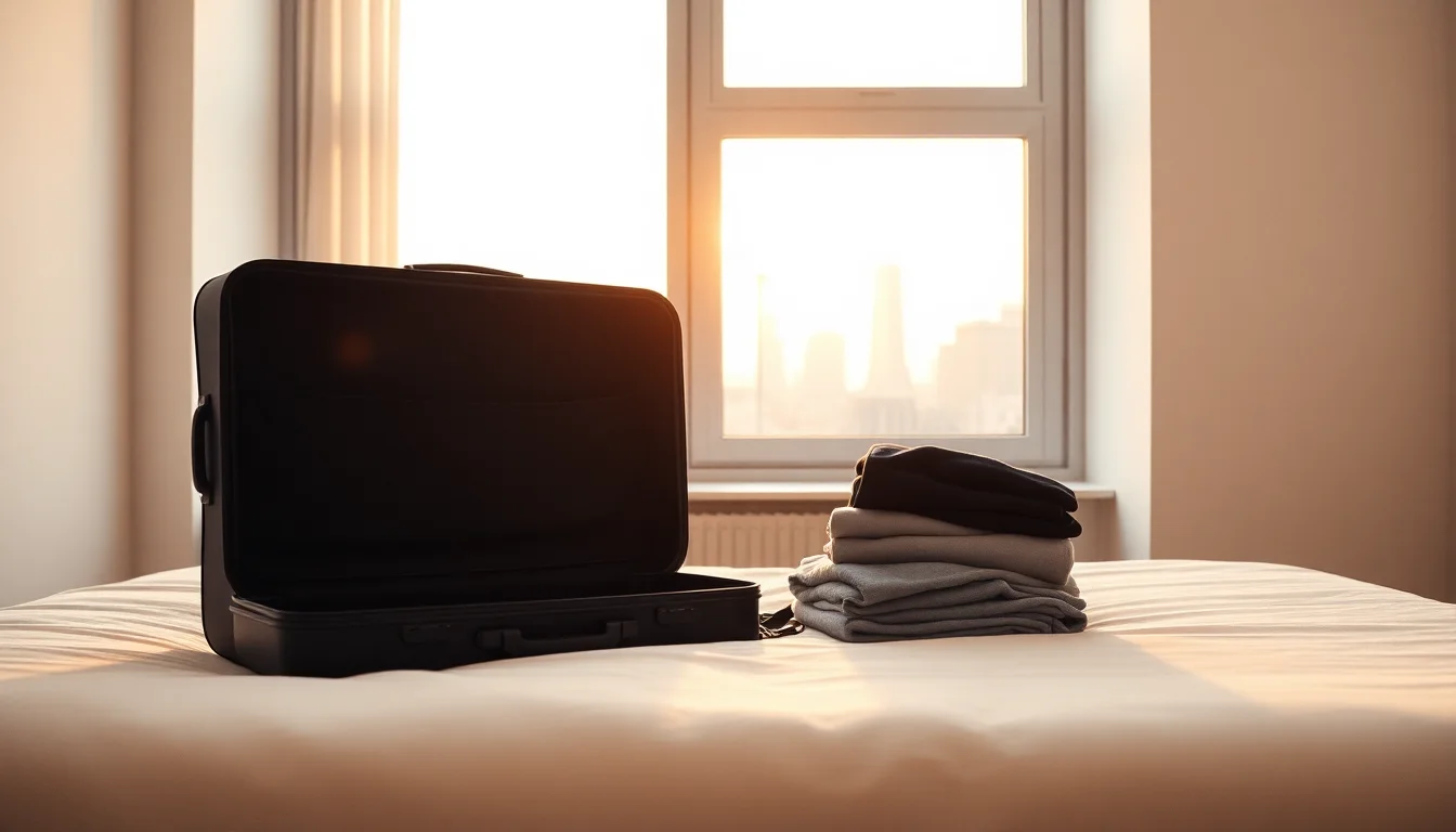 An open suitcase and folded clothes on a bed by a sunset city window, illustrating pre-move US UK tax planning