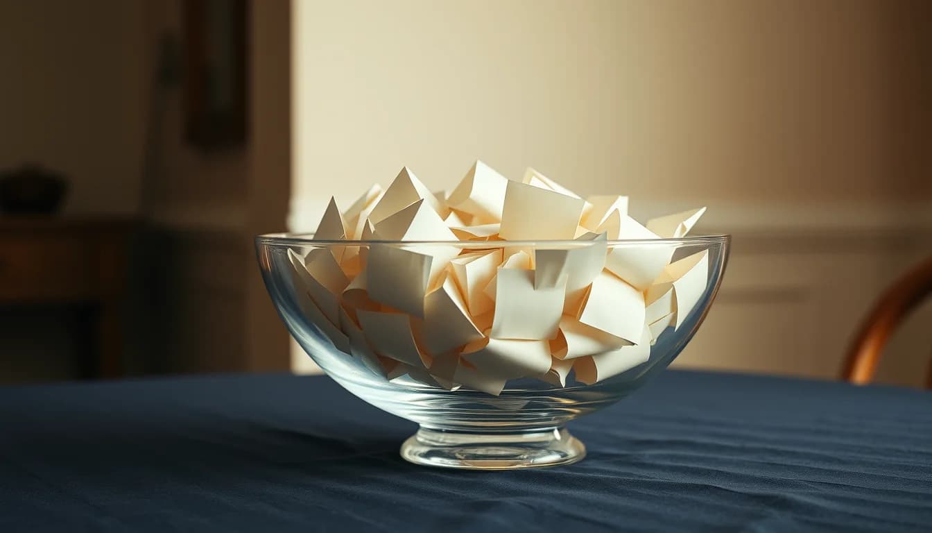 A glass bowl of folded cream paper slips on a navy tablecloth, evoking the monthly Premium Bonds draw and its US tax