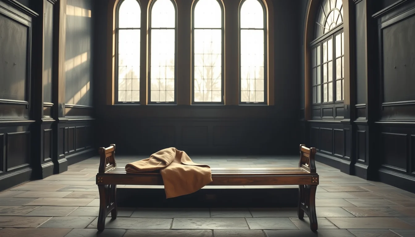 An empty wooden bench with a folded coat in a quiet hall with tall windows, illustrating the wait involved when you renounce US citizenship from the UK