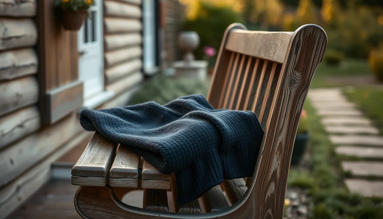 A navy wool cardigan resting on a wooden garden bench outside an English cottage, illustrating retiree tax on US and UK pensions drawn at the same time