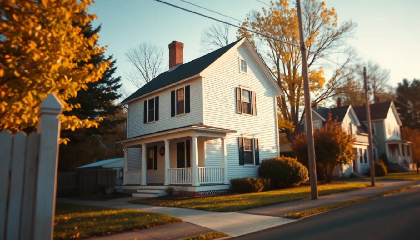 A white clapboard rental house on a New England street in autumn light, illustrating US rental income reported on the SA106 foreign income pages of a UK tax return