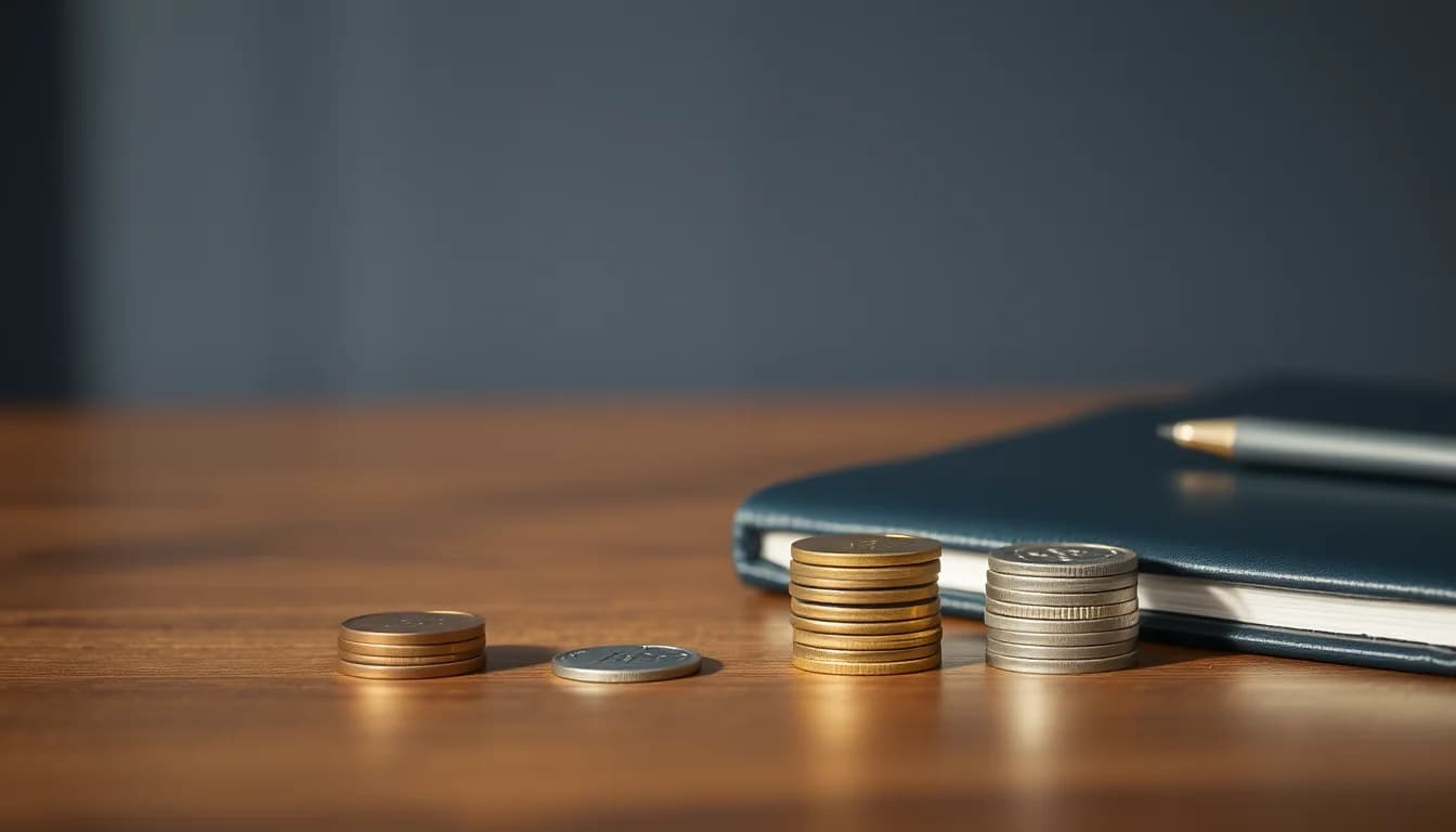 Stacks of copper, gold and silver coins beside a navy notebook on a wooden desk, illustrating a section 988 currency gain