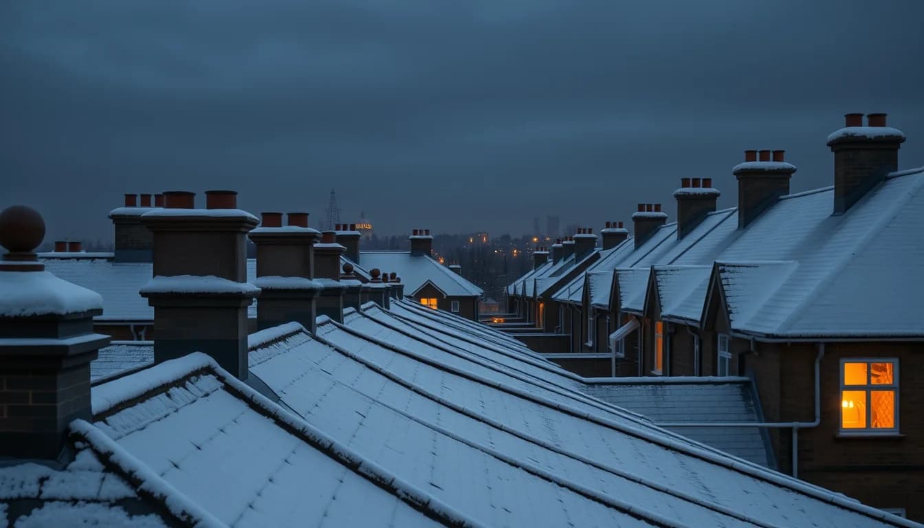 Snow-covered terraced rooftops and chimney pots at dusk with one lit window, for the Self Assessment deadline 2027