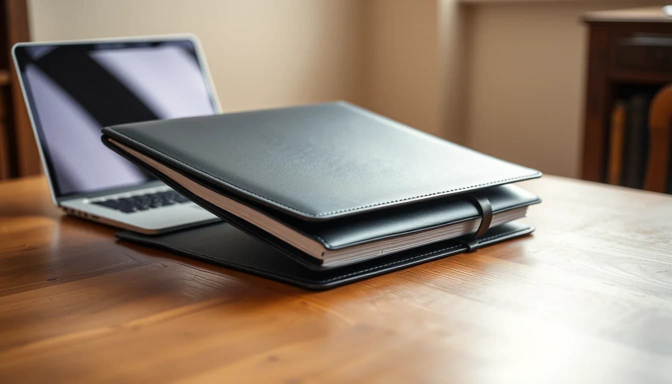 A navy leather document folder beside a laptop on an oak desk in a London study, illustrating Self Assessment for US citizens in the UK reporting US income to HMRC