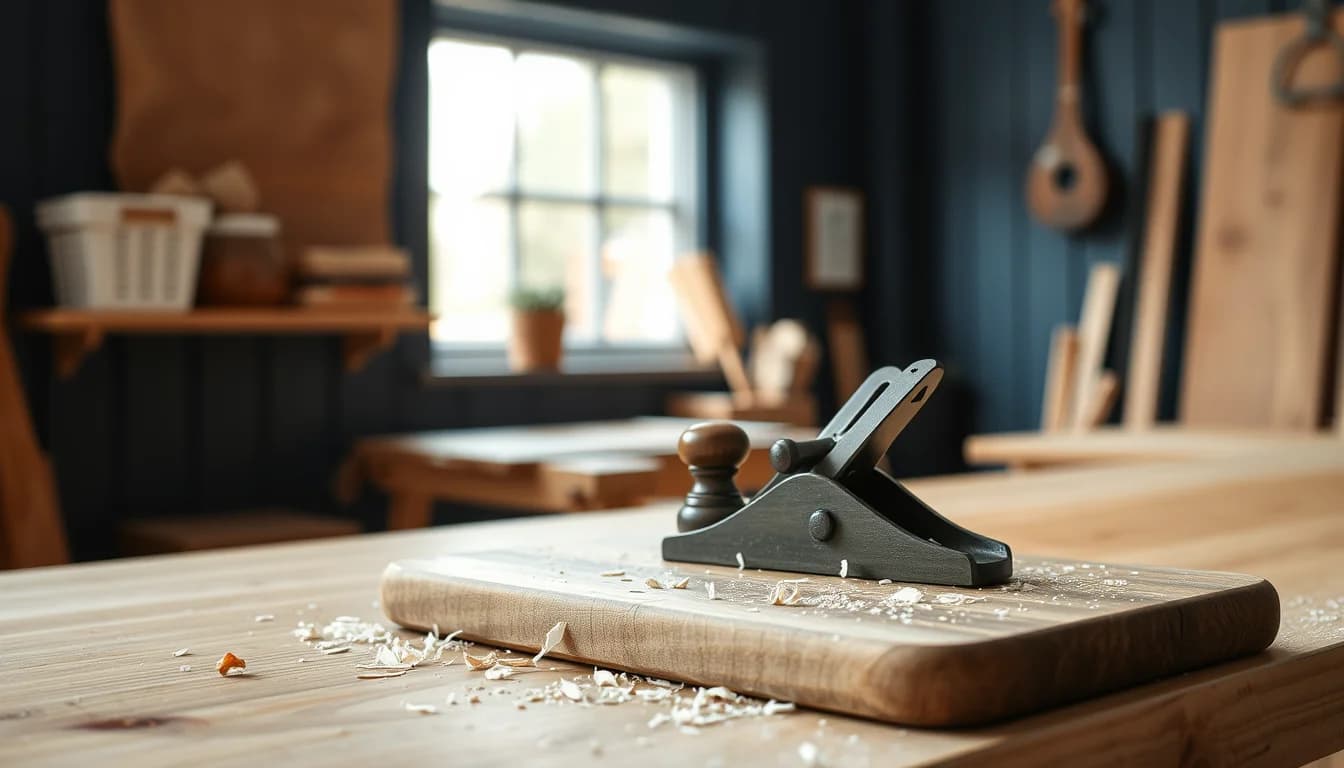 A hand plane resting on an oak board with wood shavings in a small British workshop, illustrating self-employed Self Assessment for an American running a sole trade in the UK