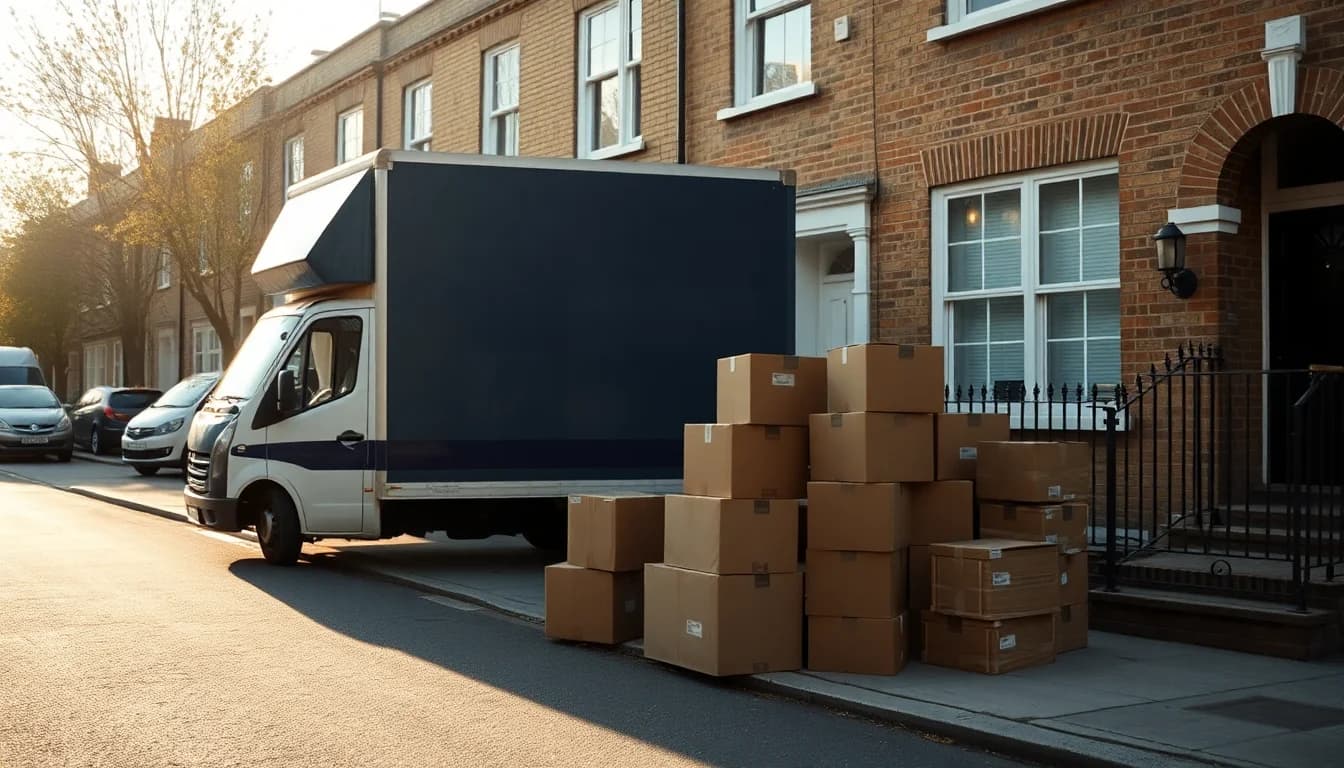 A removal van and stacked boxes outside a London terraced house on moving day, illustrating UK split year treatment for people arriving in or leaving the UK