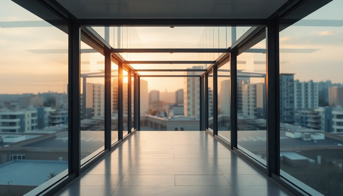 An empty glass walkway between two buildings at dawn above city rooftops, illustrating the UK Statutory Residence Test for people moving between countries