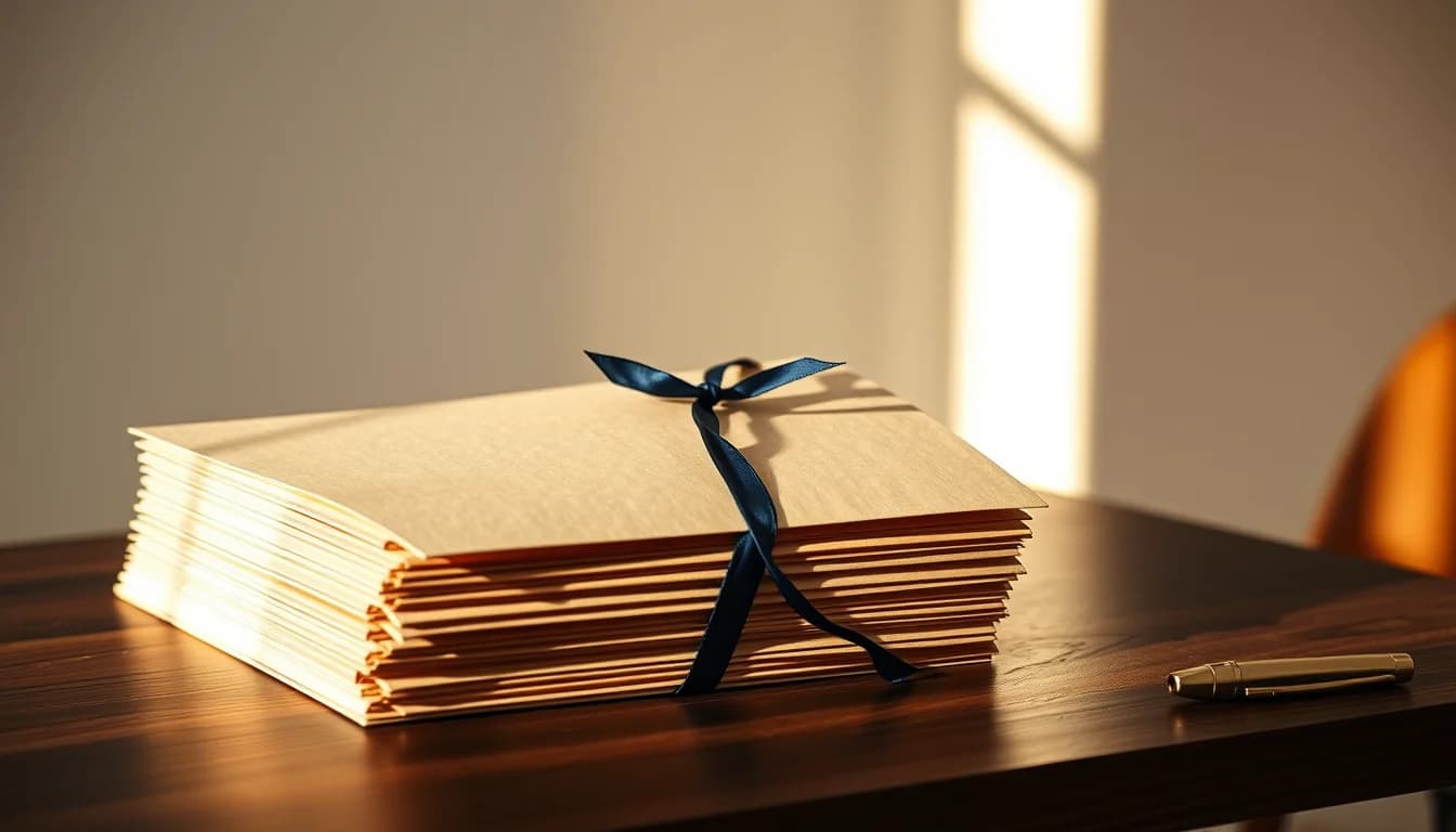 A stack of manila folders tied with a navy ribbon on a walnut desk in autumn light, representing a 2026 Streamlined Filing Procedures catch-up submission