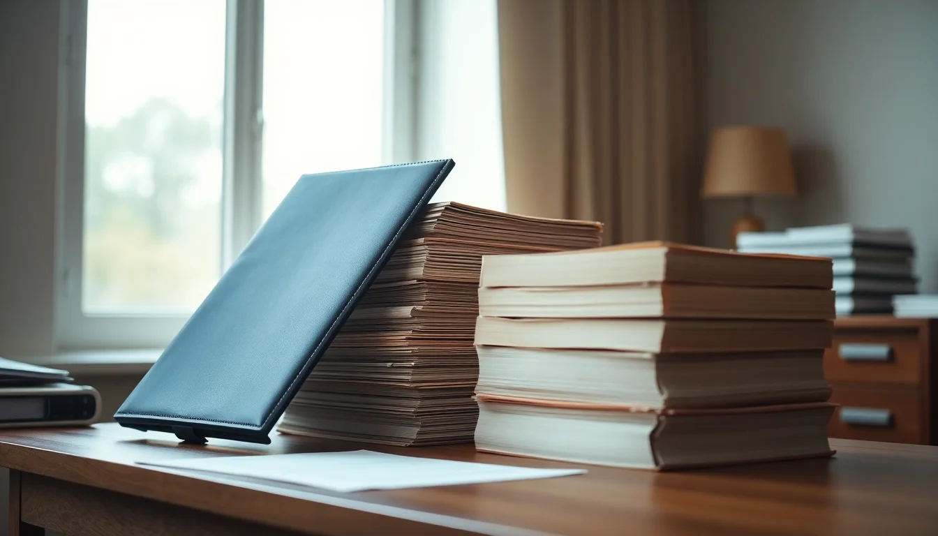 A navy folio leaning on stacks of paper files on a walnut desk, illustrating the Streamlined Foreign Offshore Procedures