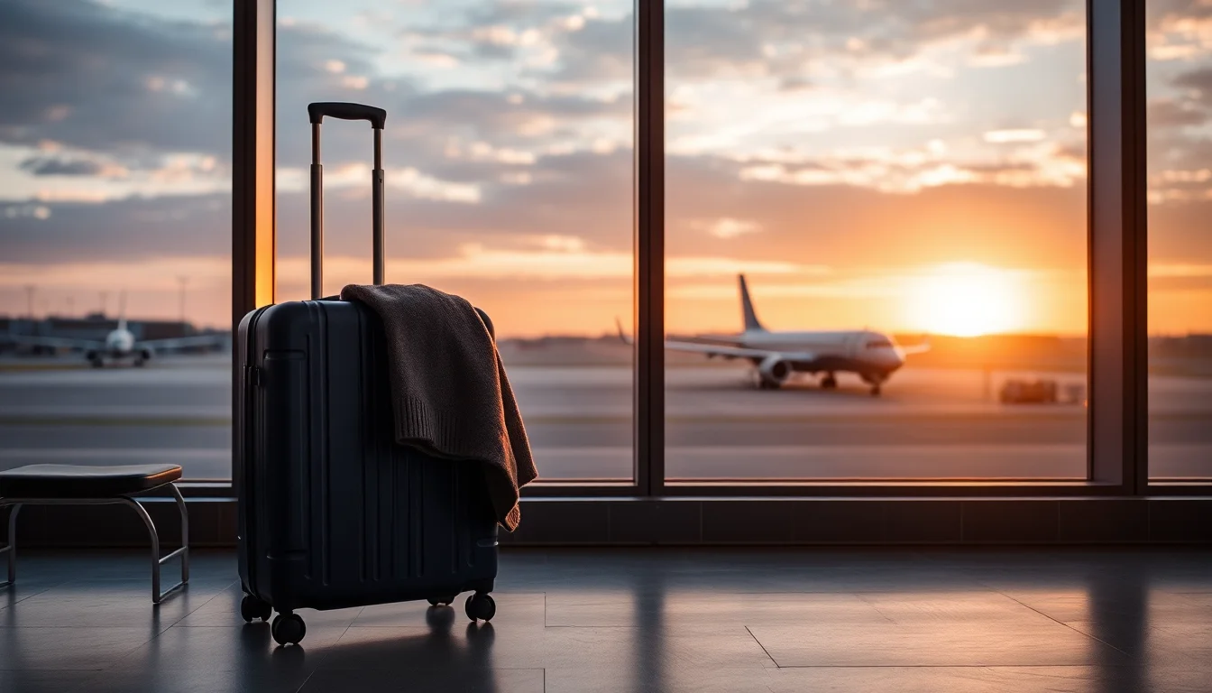 A carry-on suitcase at an airport window at sunrise, illustrating the substantial presence test day count for a UK citizen