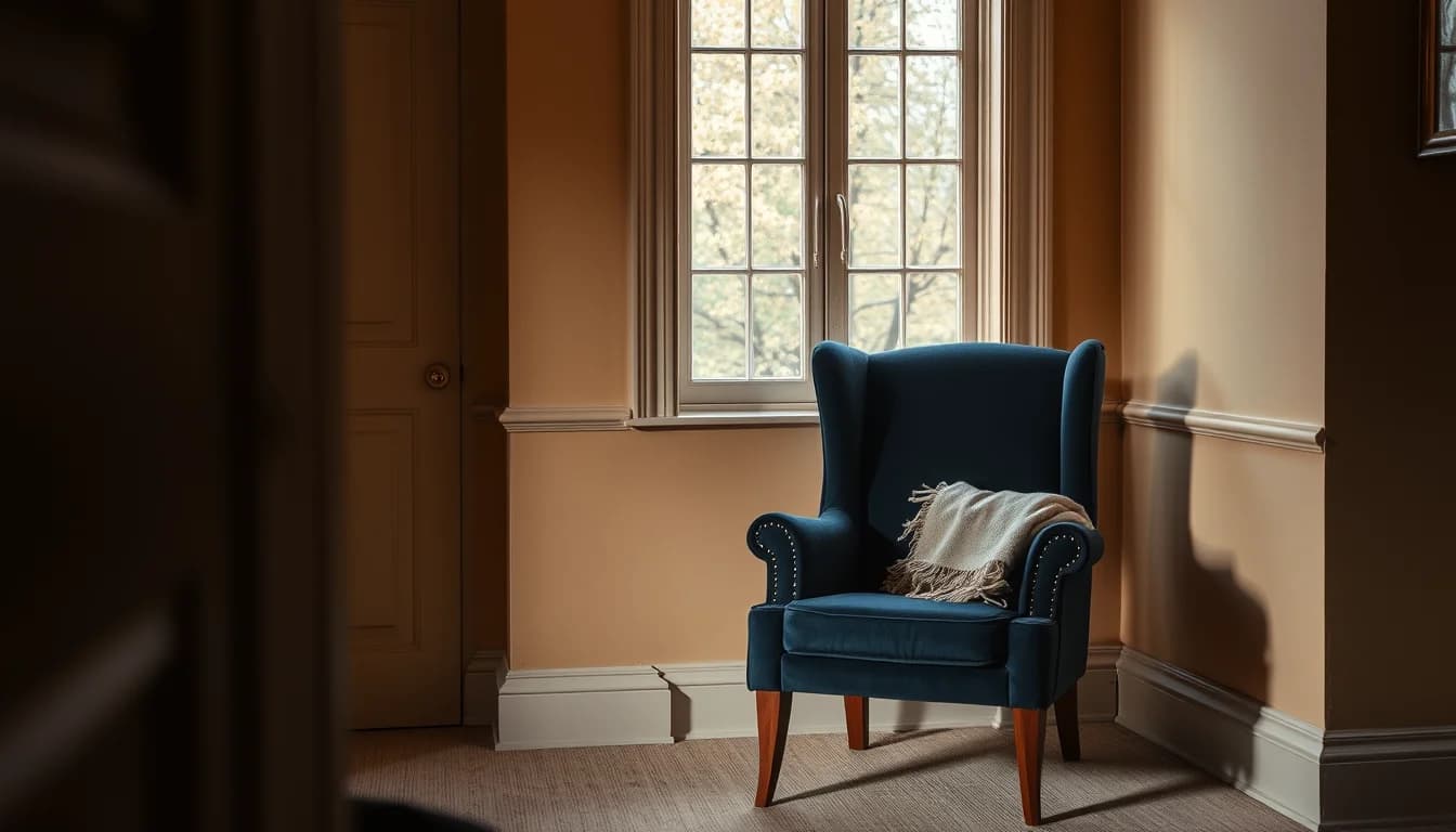An empty navy wingback armchair with a cream throw by a sash window in autumn light, for surviving spouse tax US UK