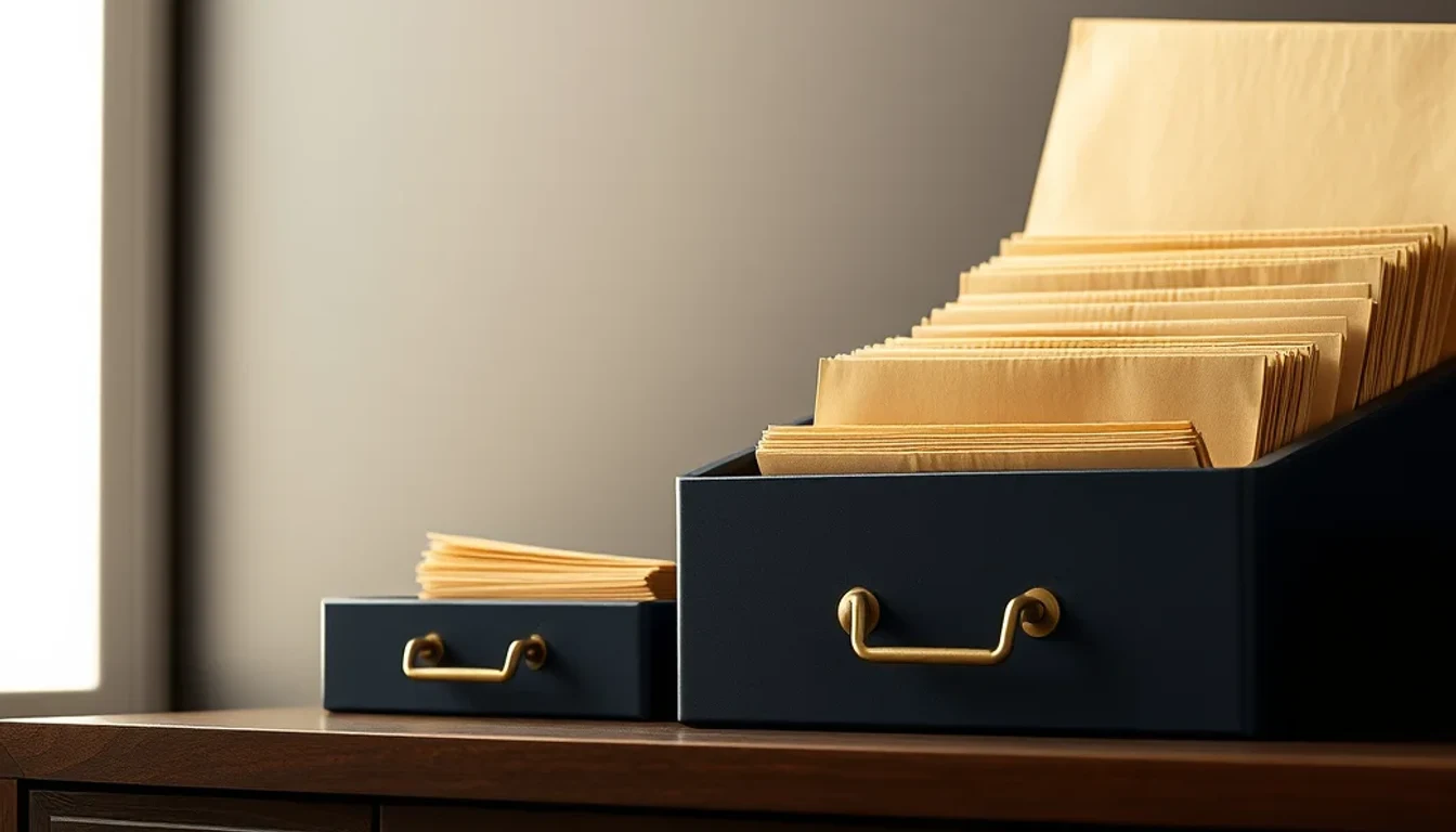 Navy file boxes holding manila folders on a wooden cabinet, for a guide to switching US UK tax accountants mid-year