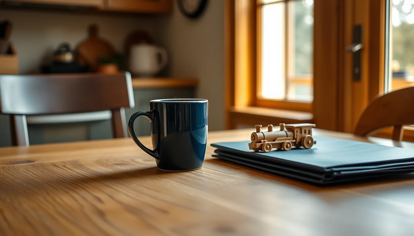 A navy mug, a stack of navy folders and a wooden toy train on an oak kitchen table, a family's US/UK tax services paperwork