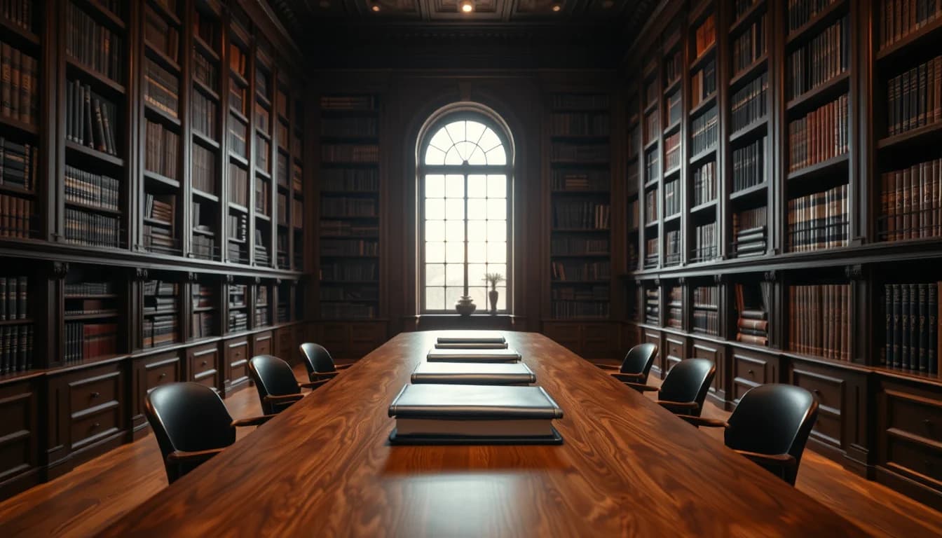 A wood-panelled library with a long walnut table and stacked leather portfolios, for US/UK high net worth tax services