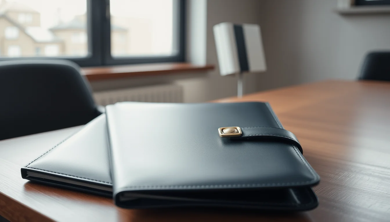 A closed navy leather professional portfolio on a walnut desk by a window, illustrating how to check the credentials of tax specialists for US and UK clients