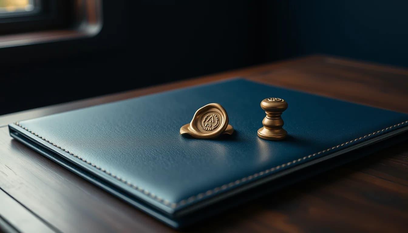 A brass seal stamp and wax seal on a navy leather folder, for a guide to the credentials of top US UK tax specialists