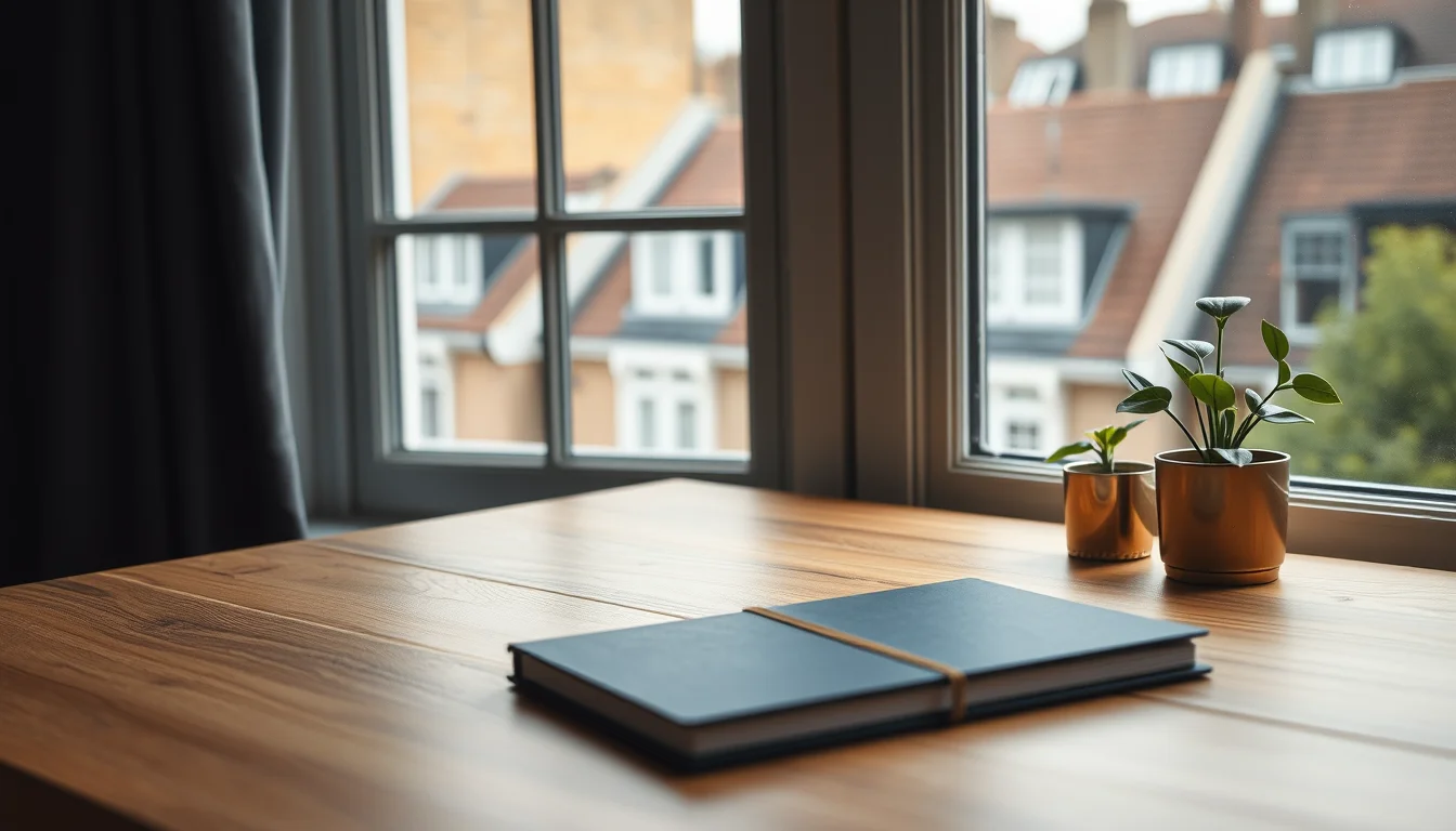 A navy notebook and small plant on an oak desk by a London window, a freelancer's totalization agreement US UK case