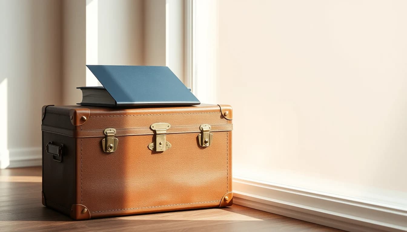 A leather travel trunk with a navy folder resting on top beside a sunlit window, illustrating the decision to transfer a UK pension to the US or leave it in Britain