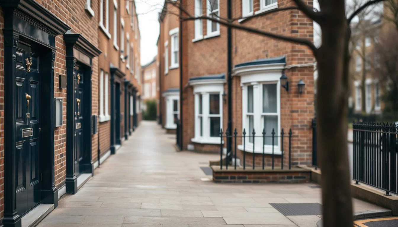 Brick terraced houses with navy front doors on a quiet London street, illustrating UK capital gains tax for US citizens