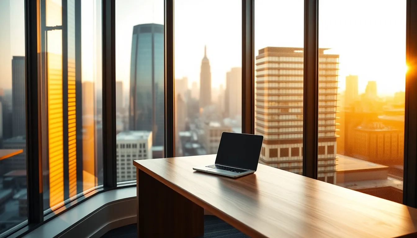 A closed laptop on a desk in a high-rise office at sunset, illustrating US visa tax for a UK citizen on an L-1 or E-2