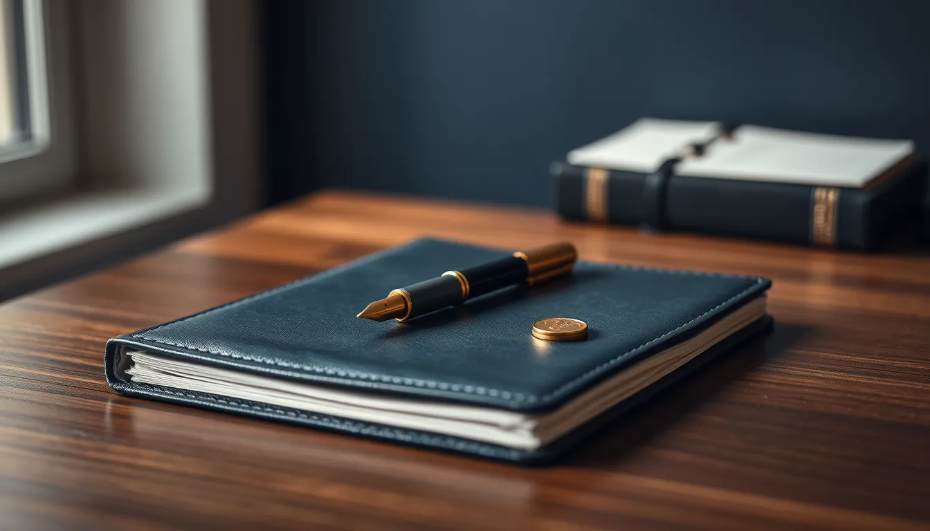 A fountain pen and a gold coin on a navy leather ledger, illustrating UK dividend tax for a US citizen