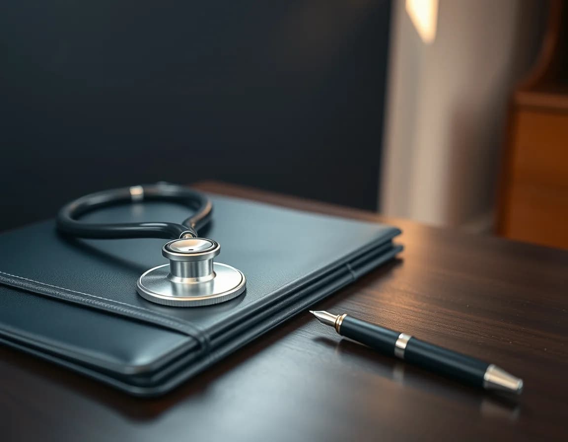 A stethoscope on a navy leather folder beside a fountain pen, illustrating UK LLP US tax for American doctors