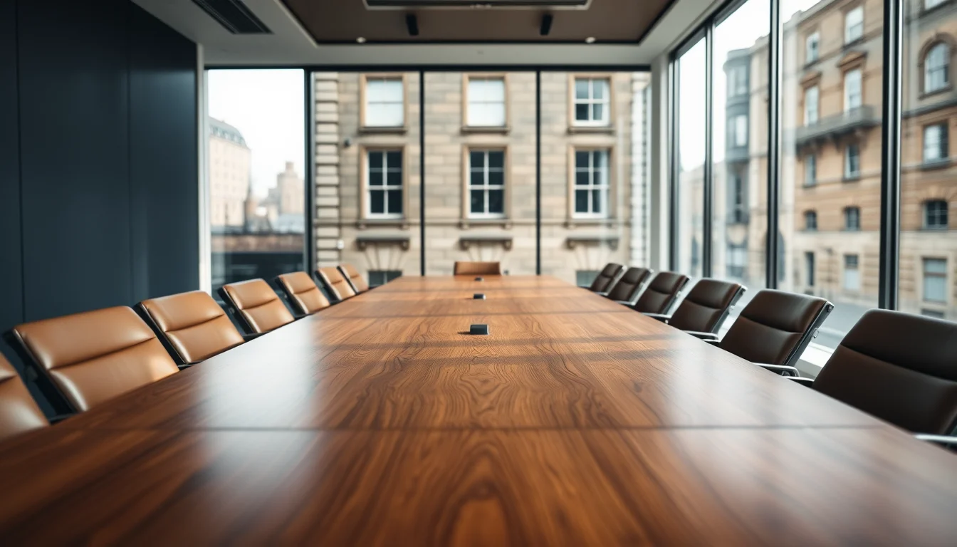 Empty partners' meeting room with a walnut table and leather chairs facing London stone buildings, a UK LLP US tax setting