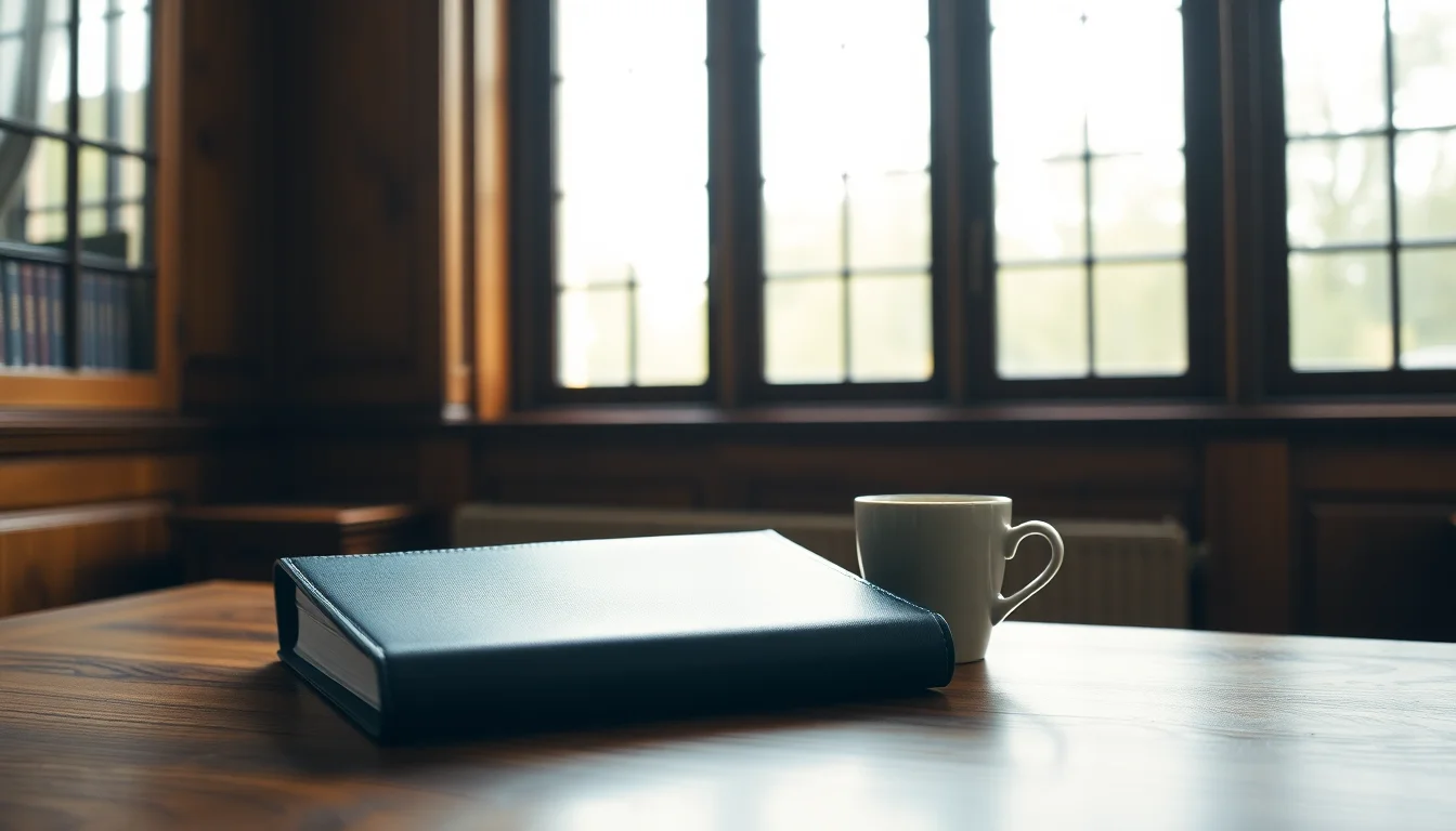 A navy binder and a white mug on a walnut desk in an oak-panelled study, illustrating UK pensions under the US tax treaty