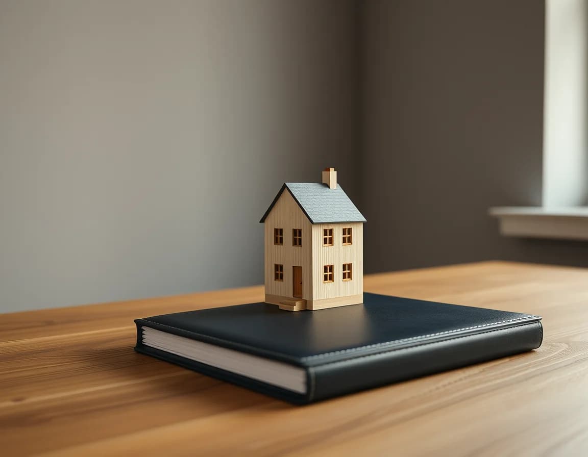 A small wooden model house on a navy ledger, illustrating a US citizen holding UK property through a company
