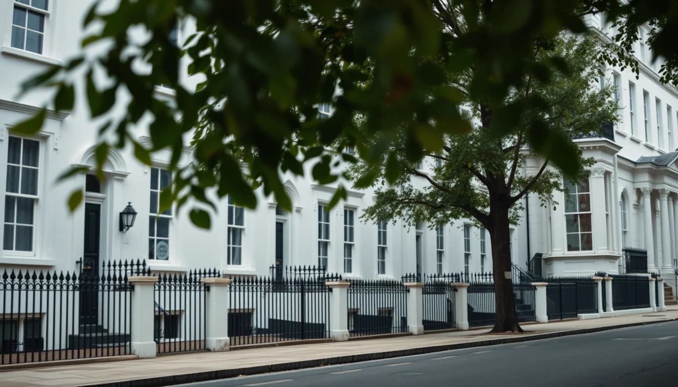 A terrace of white stucco London townhouses behind iron railings, illustrating a UK property company owned by a US citizen