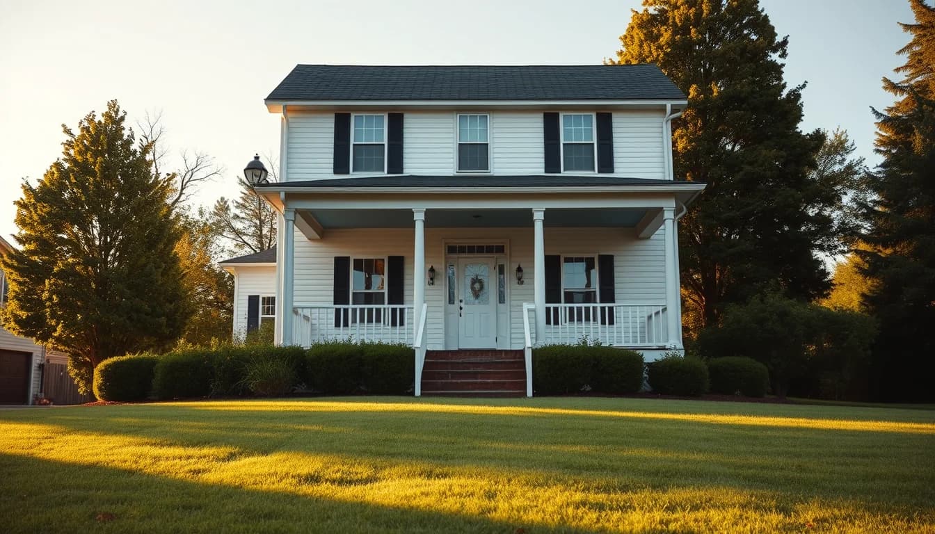 A white clapboard American house with a porch and lawn at sunset, illustrating FIRPTA tax on a US rental property sale