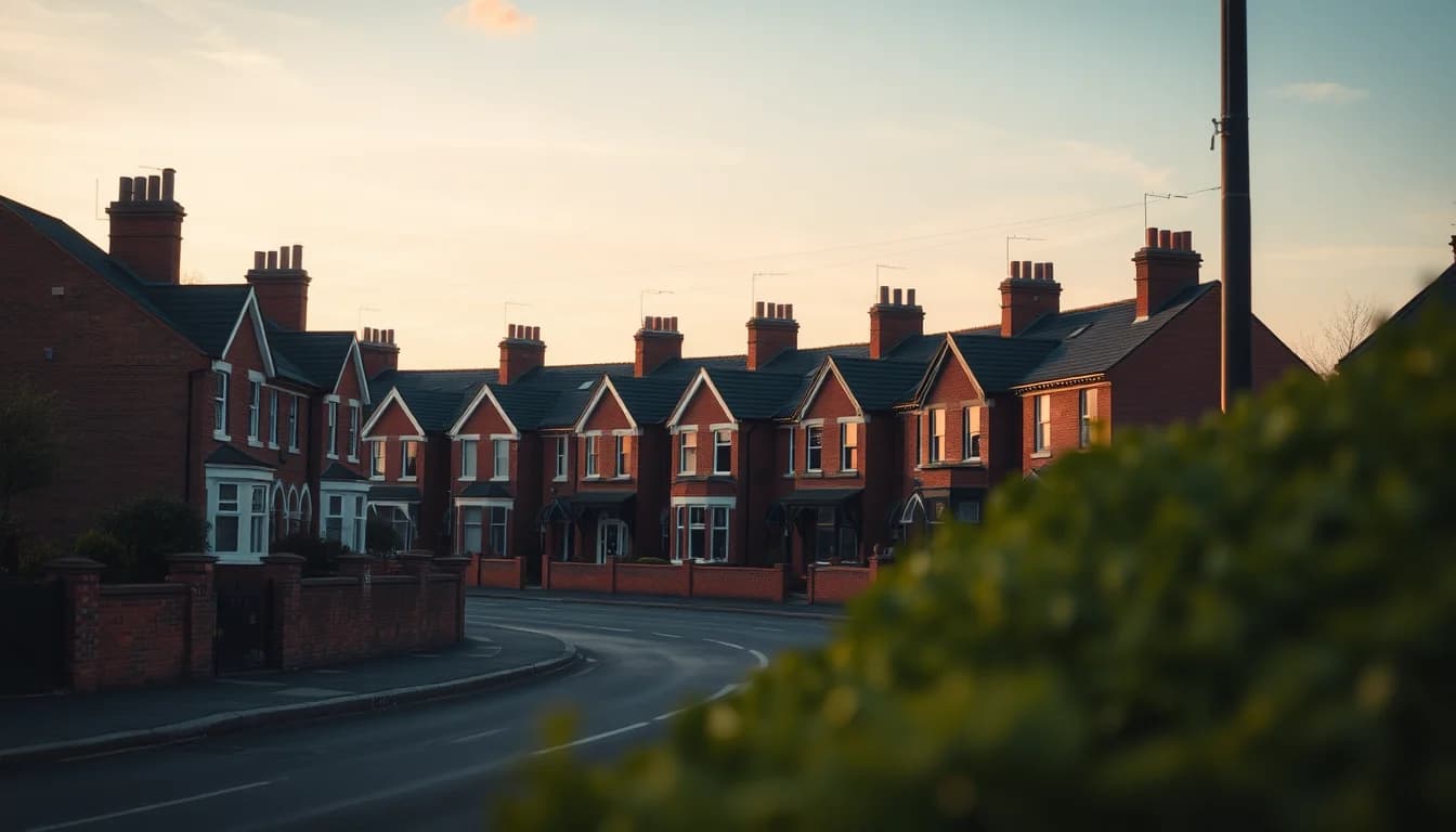 A curving row of red brick Victorian terraced houses at dusk, illustrating UK rental property and US taxes