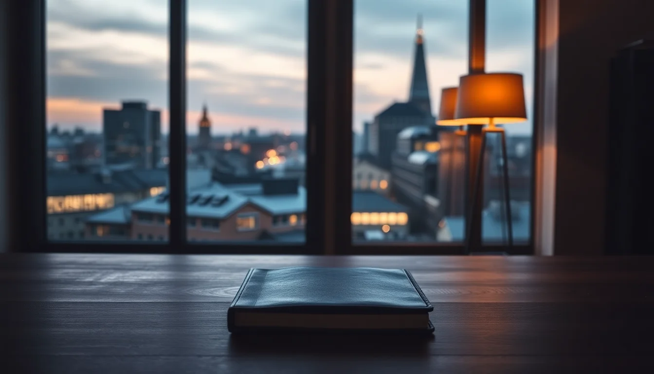 A quiet study desk at dusk with a closed notebook and a window over blurred London rooftops, illustrating UK Self Assessment for Americans