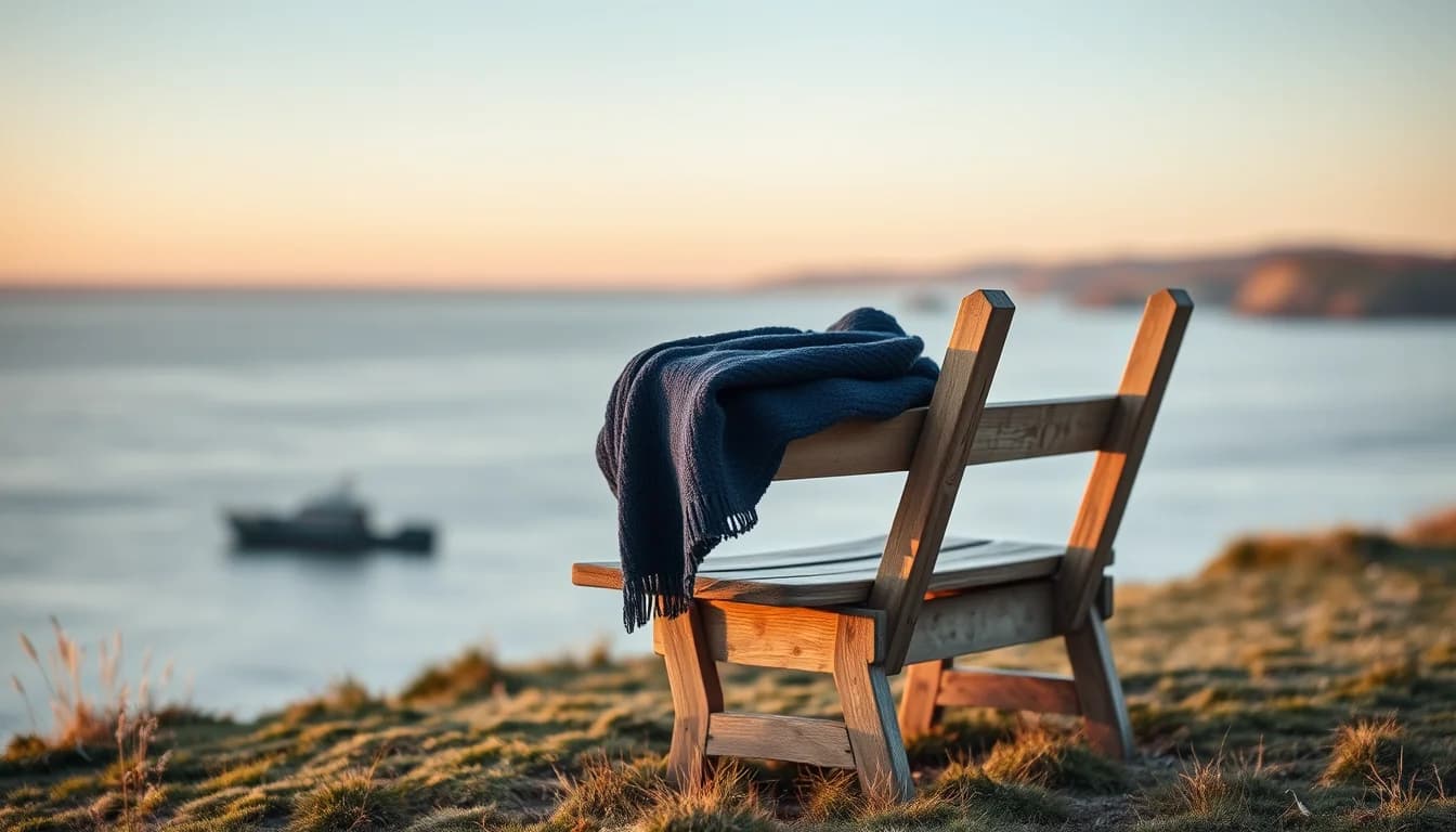 An empty wooden bench with a navy blanket on a clifftop above a calm sea at sunset, illustrating retirement on a UK State Pension and US Social Security after a career in both countries