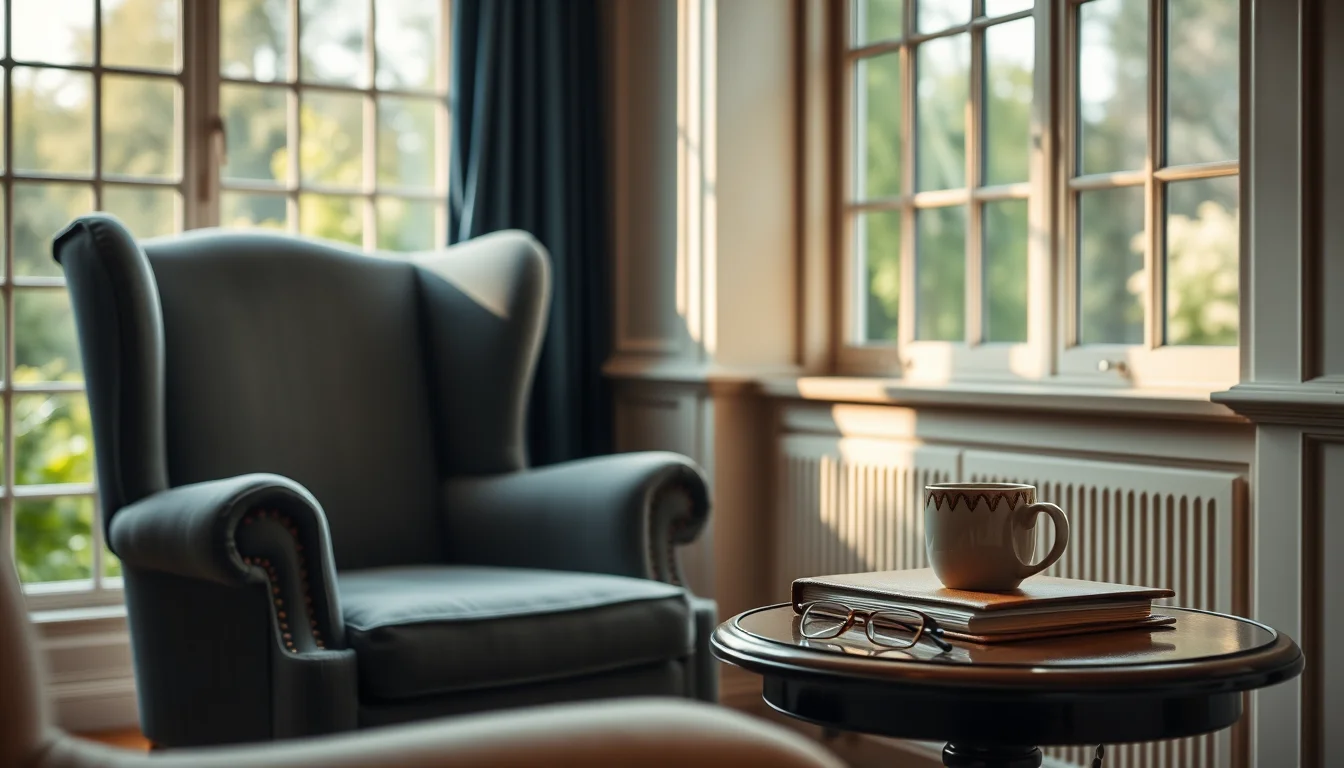 A blue wingback armchair by a garden window and a side table with a mug, for a retiree facing UK tax on US Social Security