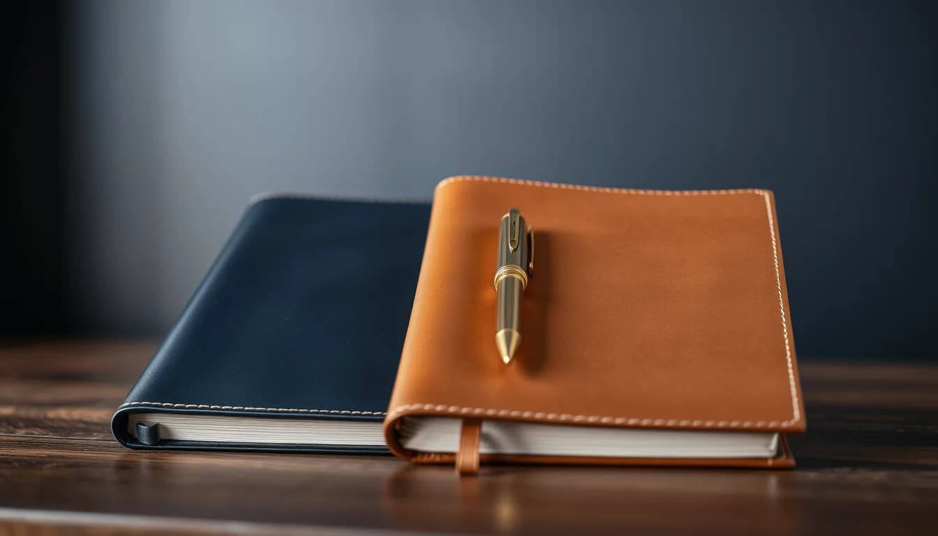 A navy leather diary and a tan leather diary overlapping on a dark oak desk with a brass pen, illustrating the UK tax year vs US tax year mismatch