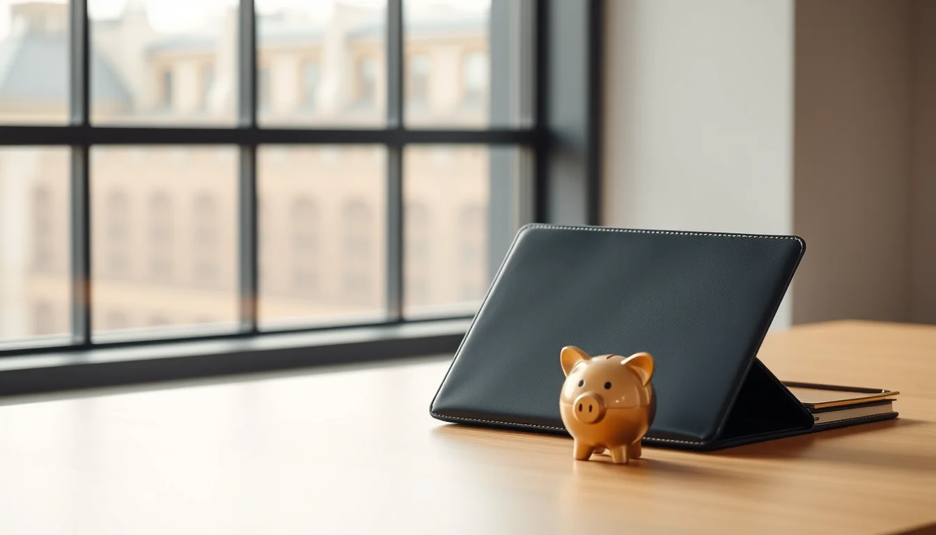 A bronze piggy bank in front of a navy leather folio on a desk by a tall office window, illustrating a UK workplace pension for a US citizen