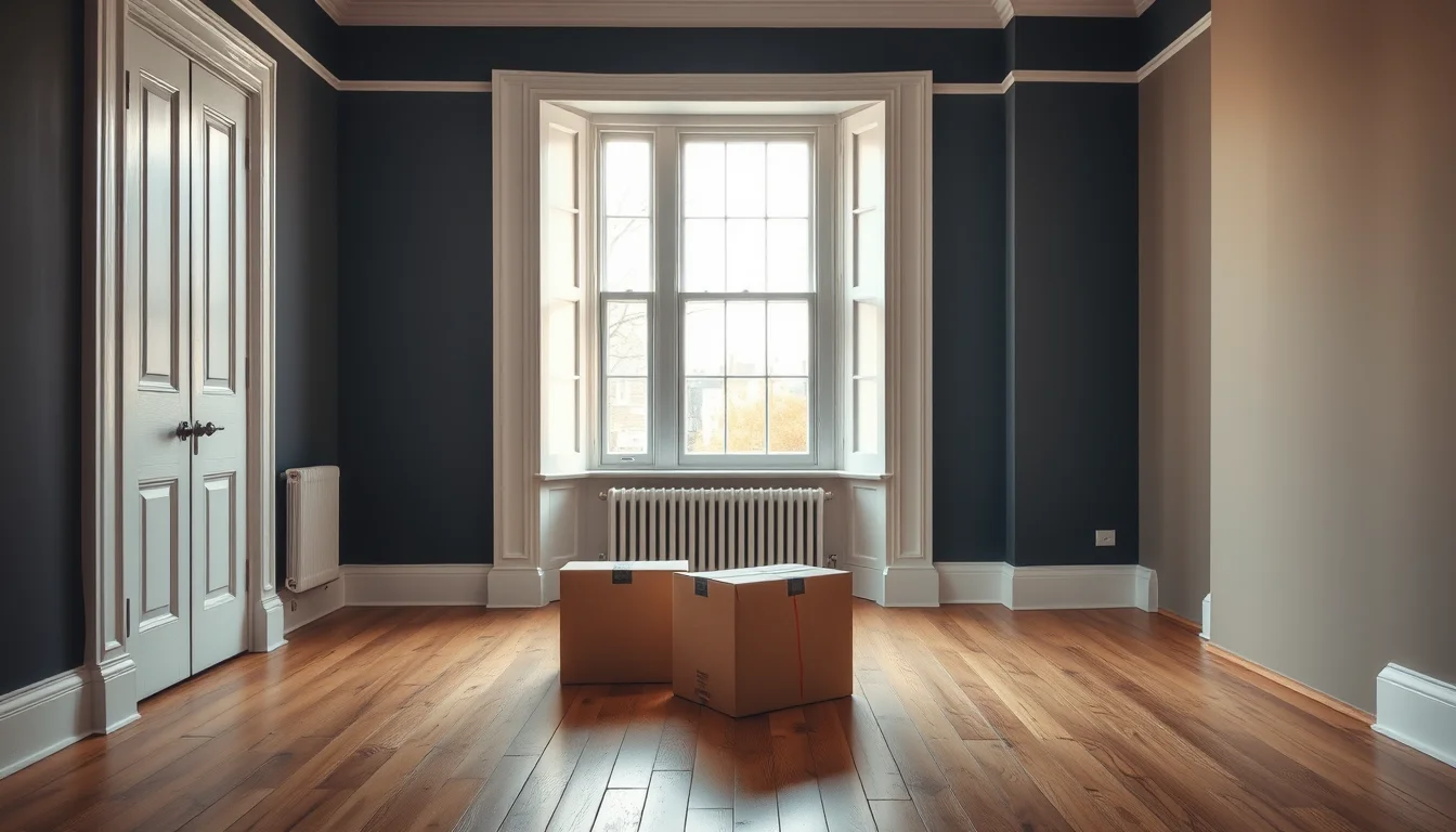 Two moving boxes on oak floorboards in an empty navy-walled room with a bay window, for a US citizen buying a house in the UK