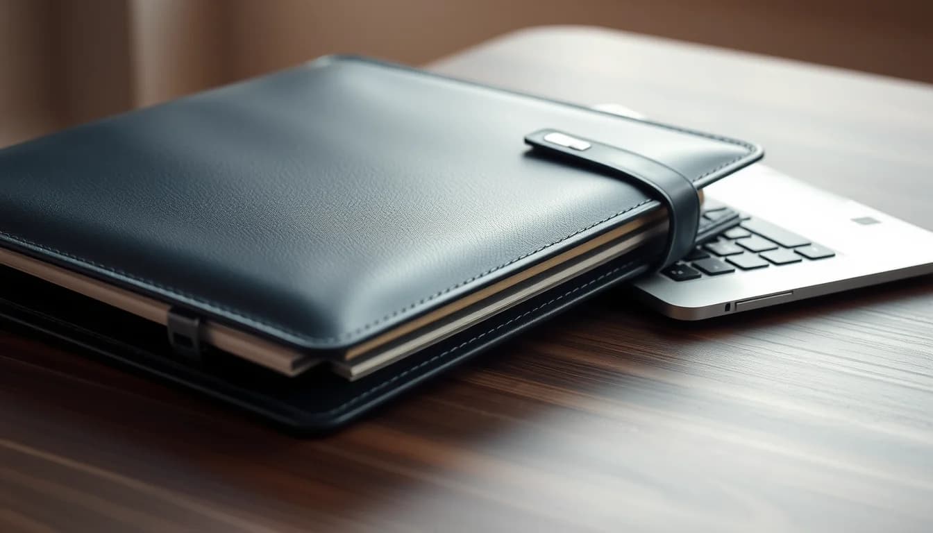 A navy leather portfolio folder resting on a laptop on a walnut desk, illustrating the rules on US ETFs for UK residents under PRIIPs
