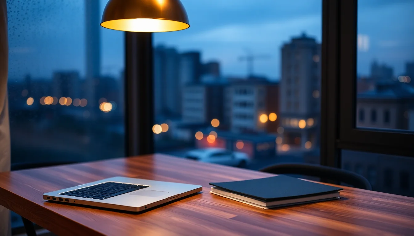 A laptop and folders on a table by a rainy city window at dusk, representing the US expat tax extension deadline in 2026