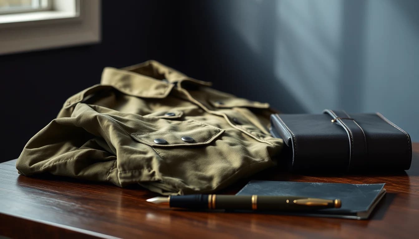 A folded olive field jacket, a black leather folder and a fountain pen on a dark desk, for US military UK tax rules