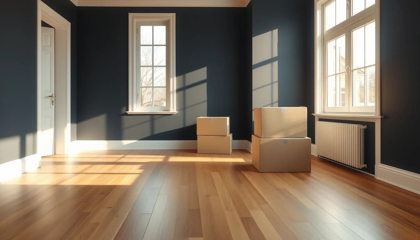 Sealed moving boxes in an empty navy-walled room with sunlit oak floors, illustrating US state taxes for expats leaving home