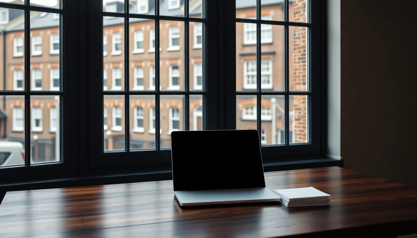 A laptop and envelopes on a desk by a window over London terraces, for US tax filing requirements for Americans in the UK